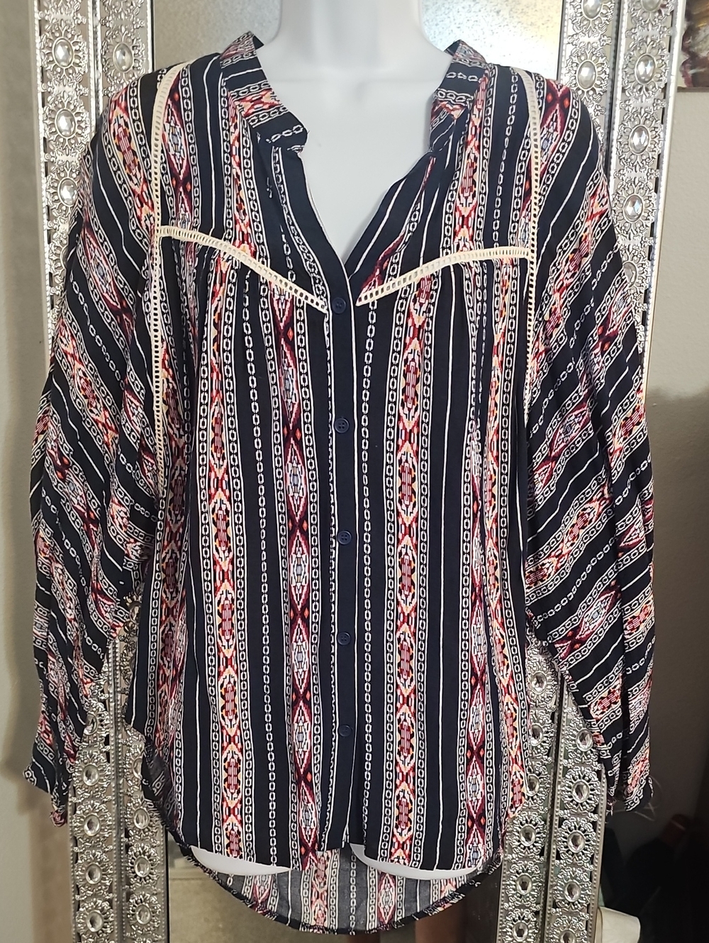 Women's Navy Striped Button-Down Shirt with Red Accent
